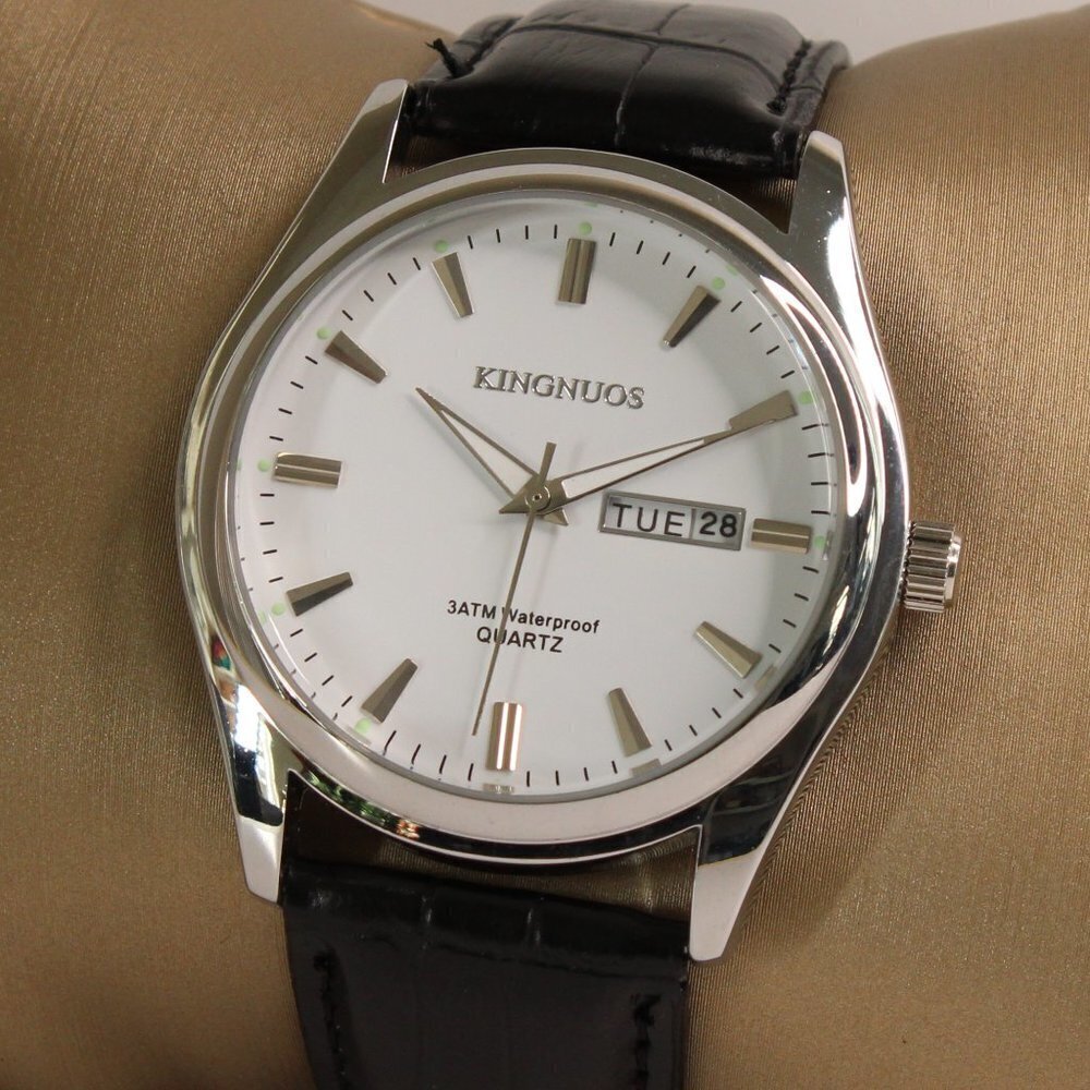 Men's Contemporary Dress Watch Silver Case Black Leather Watch Strap 40mm - Picture 7 of 13